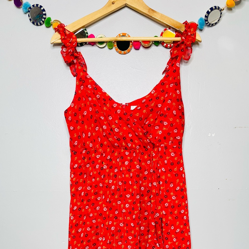 MADEWELL Ruffle-Strap Wrap Dress in Metallic-Striped Prairie Posies red - Picture 6 of 13